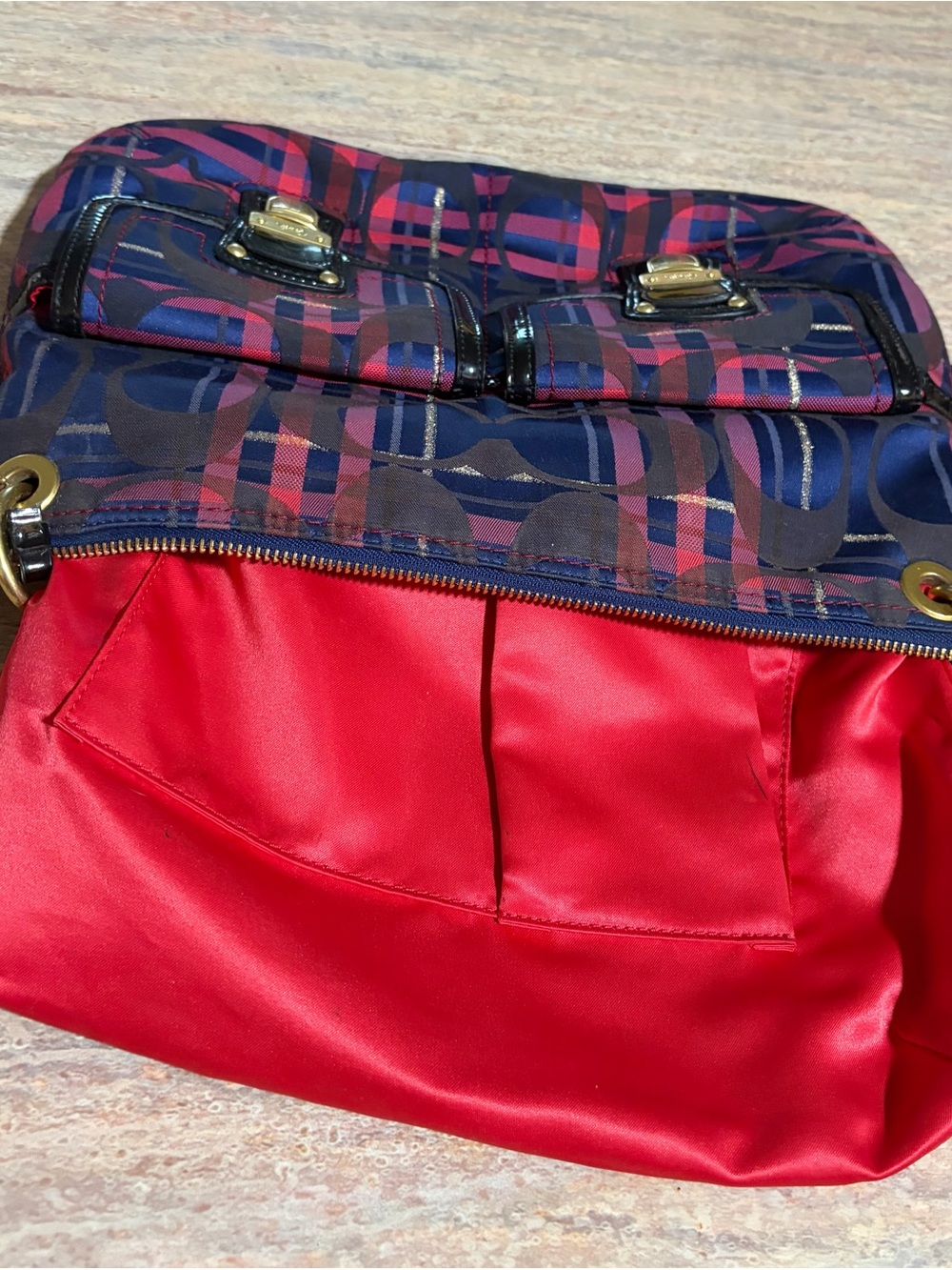 Coach Plaid Tartan G1282-21622 Blue & Pink Plaid Bag with 2 Fobs & Black Trim - Picture 12 of 16